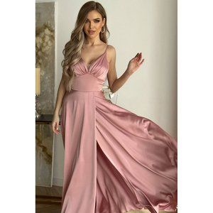 Pink V-neck with drawstring waist and slit satin dress